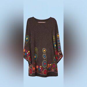 Brown Wool Blend Boho Dress with Bell Sleeves